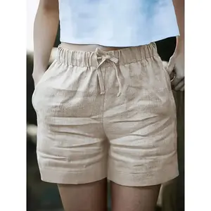 Women’s high-waisted casual shorts, linen texture with drawstring waistband, spring/summer GARMENTARY