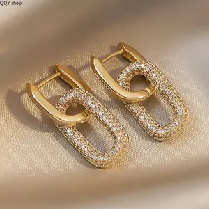 Geometric Double Hoop Earrings, Minimalist Copper Tone Cubic Zirconia Dangle Earrings, Elegant Versatile Women's Ear Jewelry, Lightweight Aesthetic Statement Earrings, Stylish Accessory for Daily Wear, Party and Holiday Occasions