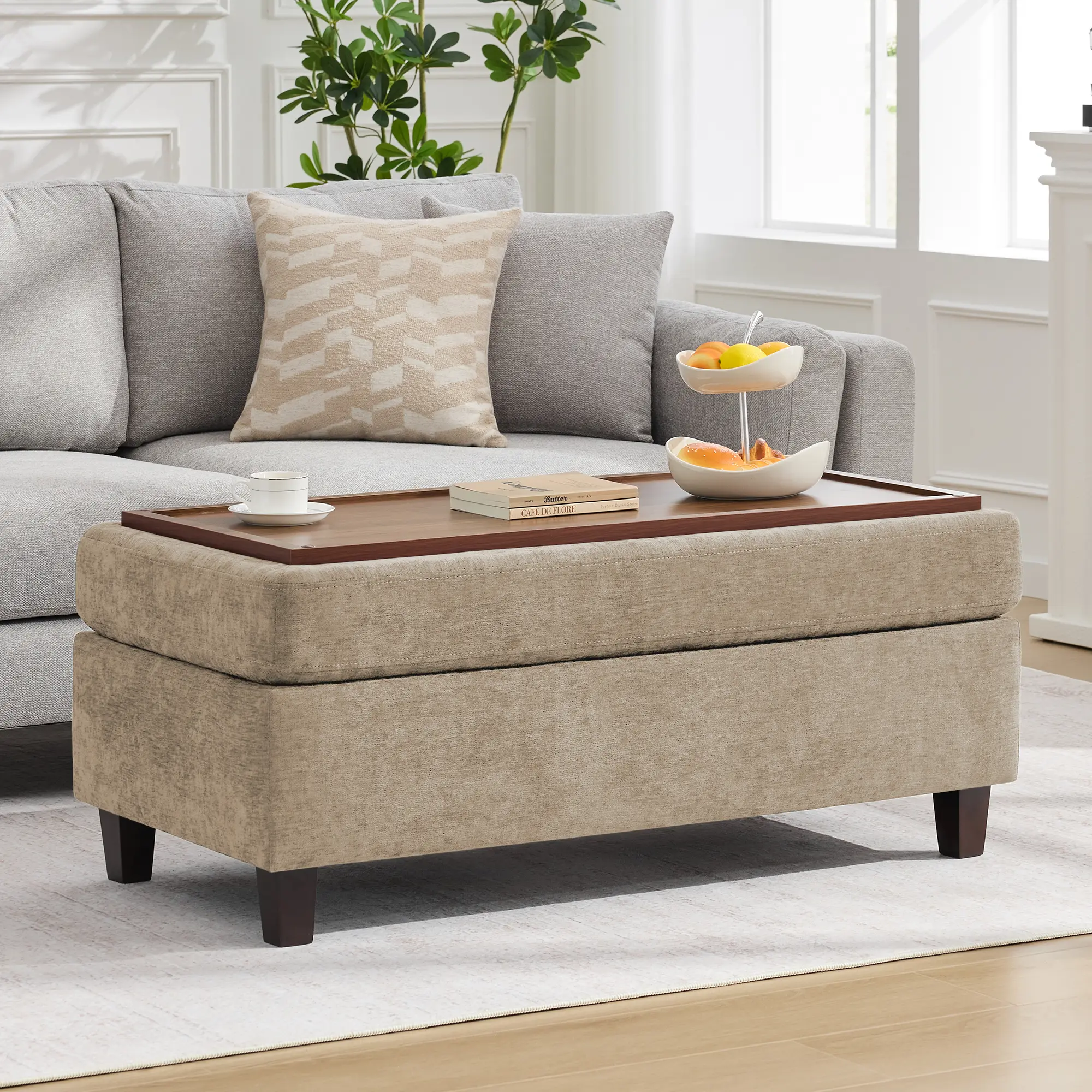 45-Inch Large Storage Ottoman Bench with Wooden Tray Coffee Table, Chenille Upholstered Footstool, Multipurpose Furniture with Solid Wood Legs for Living Room, Bedroom