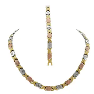 Three-Toned Hugs & Kisses Necklace Bracelet Set Stampato Stainless Steel 18 inch Fashion Jewelry