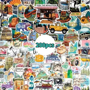 Outdoor Travel Series Pattern Sticker, 200pcs Creative Waterproof Self Adhesive Decorative Stickers, Sticker Packs Decorative Sticky Paper for Computer & Guitar & Water Cup & Scrapbook