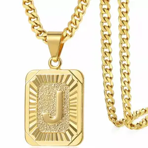 Initial Letter Pendant Necklace for Men Womens, Plated Square Capital Monogram Necklace Alhpabets From A-Z Cuban Chain Necklace