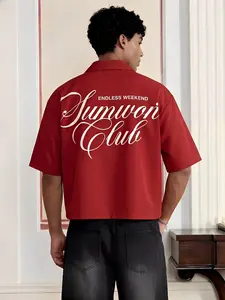 Men's Red Cropped Short Sleeve Shirt, "Summer Club Endless Weekend" Letter Print Button Down Shirt, Streetwear Casual Top for Summer and Daily Wear
