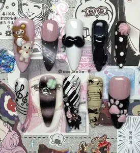 Whimsical Cat & Music Nails – Playful mix of 3D paw prints, mustache, bows, piano stripes, musical notes, black, white, pink kawaii style