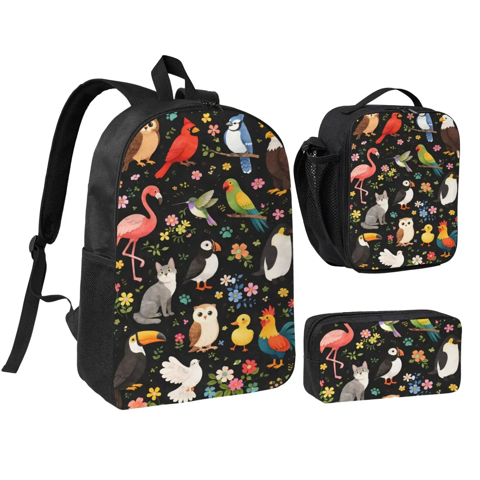 Unisex Athletic Chic 17-Inch (32 cm Wide, 43 cm High) All Over Bird Print 3-Piece Multi-Use Backpack Set - Lightweight, Adjustable Shoulder Strap, Mesh, Lunch & Accessory Bags, Casual School Travel, Compact Utility, Hand Wash Only, Birthday Gifts