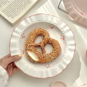 Princess Bowknot Ceramic Plate 8.5'' - BPA Free, Hand-Painted Pink Bows, Wavy Edge, Microwave & Dishwasher Safe, 1.5" H x 8.5" D