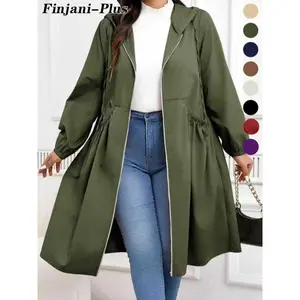 NewPlus Size Solid Drawstring Zip Up Hooded Coat, Casual Long Sleeve Pocket Outerwear for Fall & Winter, Women's Clothes for Daily Wear Can be used with raincoat