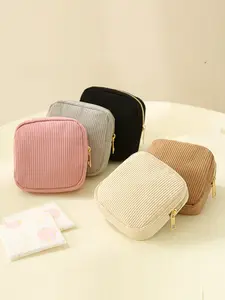 Beige corduroy small cosmetic bag, simple zipper storage bag, choose by quantity/specification, cute square storage bag, can store sanitary napkins, jewelry and headphones, perfect for daily use and travel