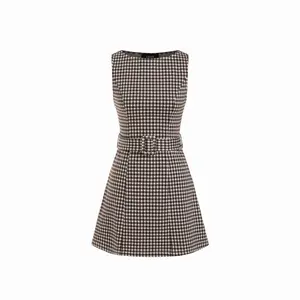 Cider Jacquard Gingham Boat Neck A-line Mini Dress With Belt