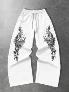 Gothic Dark Angel Sword Graffiti Wide Leg Sweatpants, High Street Fashion Unisex Loose Straight Casual Pants, Spring & Fall