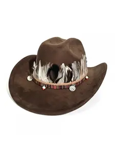 Western Wide Brim Cowboy Hat for Men and Women, Feather Decorative Hat, Stylish Western Fashion Accessory, Perfect for Outdoor Events