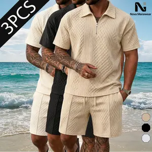 Men's Beach 2 Piece Outfit, Textured Half Zip Polo Shirt and Drawstring Shorts, Stylish Streetwear Summer Two Piece Set for Vacation Daily Wear and Street Looks