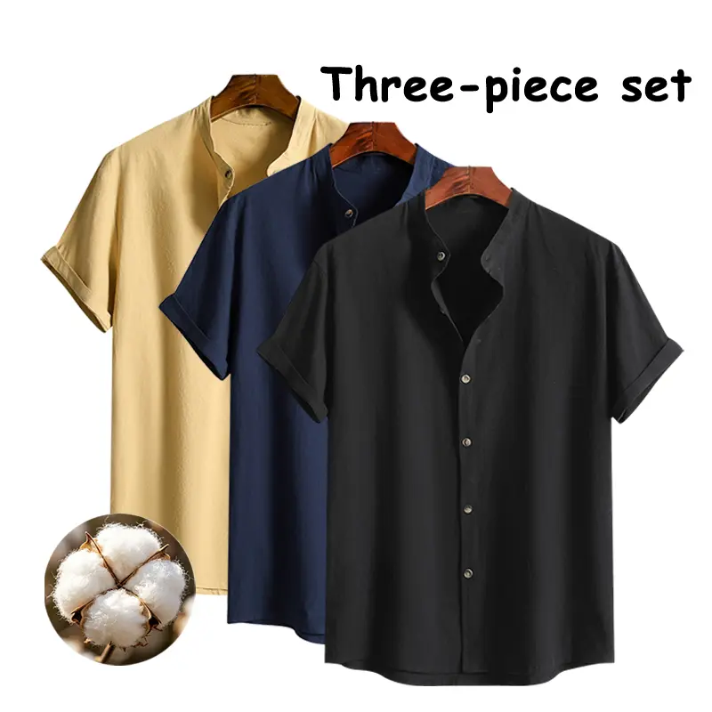 3-Piece Men’s Breathable Mandarin Collar Button Shirts, Lightweight Roll-Sleeve Commuter Shirts