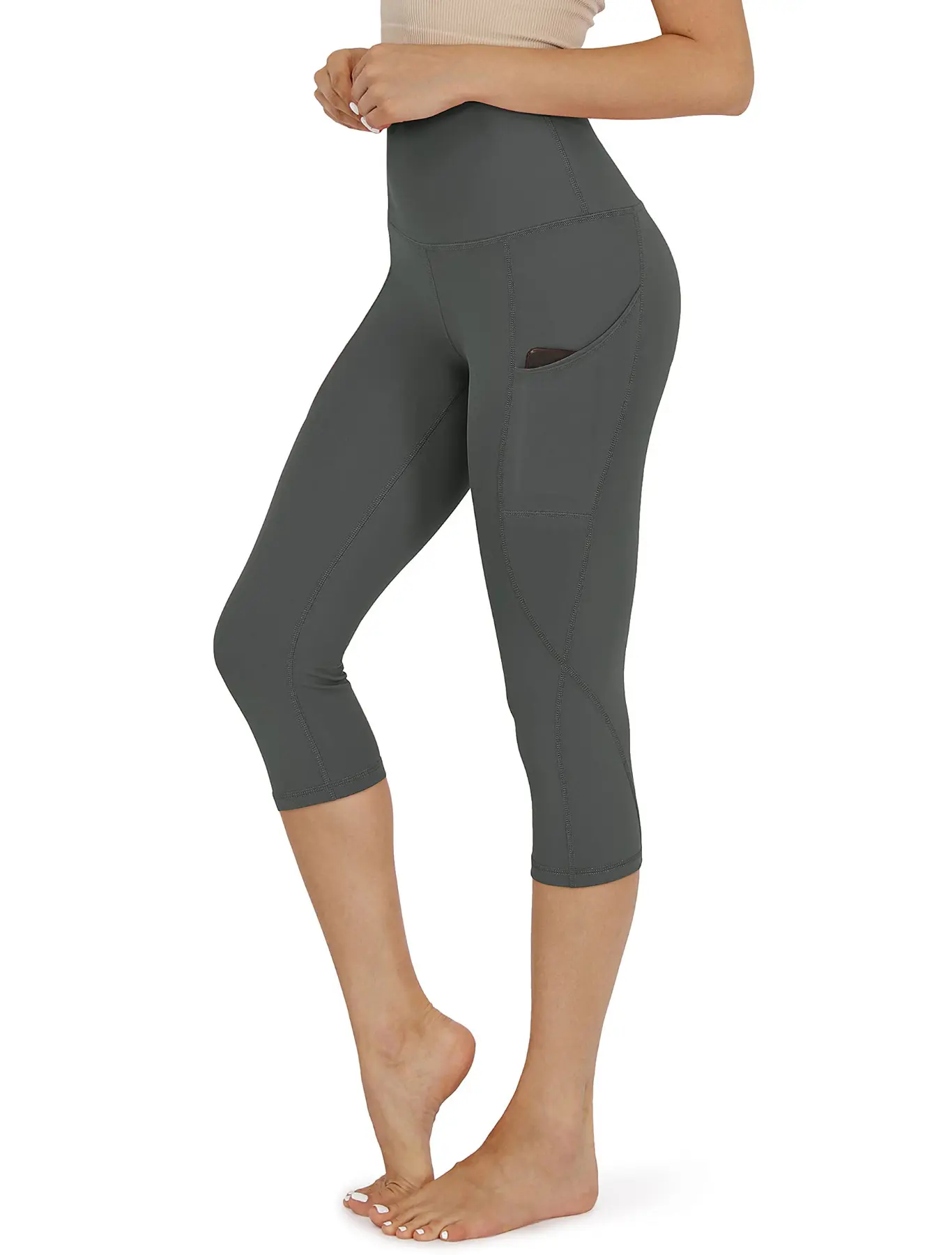 Women's Capri Leggings for Yoga & Run, High-Waisted Butt-Lifting Compression Pants with Pockets in Opaque Quick-Dry Fabric, Opaque Fabric
