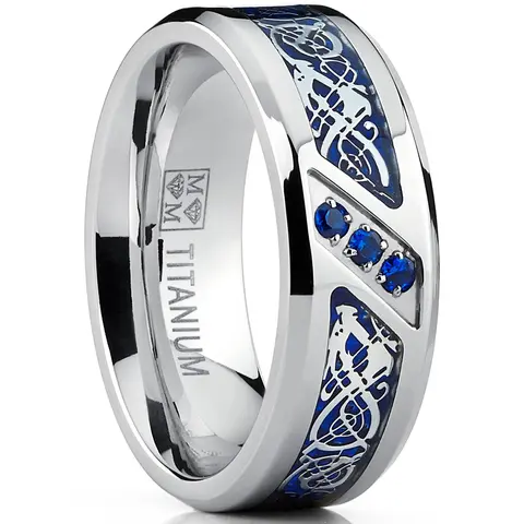 Men's 8mm Titanium Prong Band Ring - Dragon Design, Blue Carbon Fiber Inlay, Blue Cubic Zirconia, Hypoallergenic Mens Wedding Bands, Exquisite Trendy Decorated Ring, Adults' Jewelry Accessory