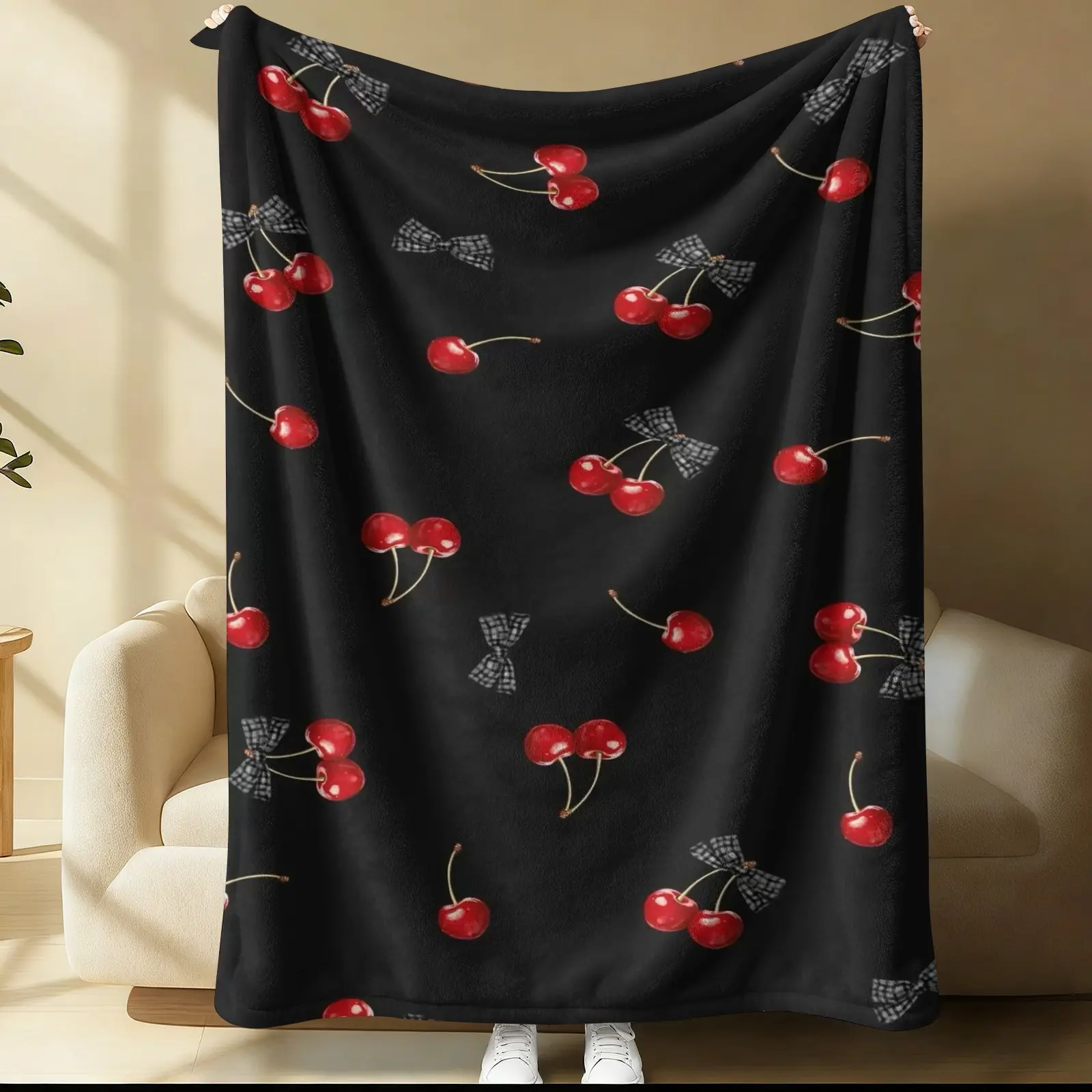 Cherry bowknot pattern blanket, suitable for all seasons, Cozy Throw Blankets, perfect for bed, sofa, car, room decoration, and as a gift, ideal for children or adults
