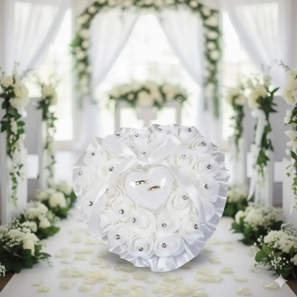 Romantic Wedding Ring Pillow & Rose Ring Box Set – Ceremony Essentials, Ring Storage Decor, Popular Gift Idea, Perfect for Wedding Season.