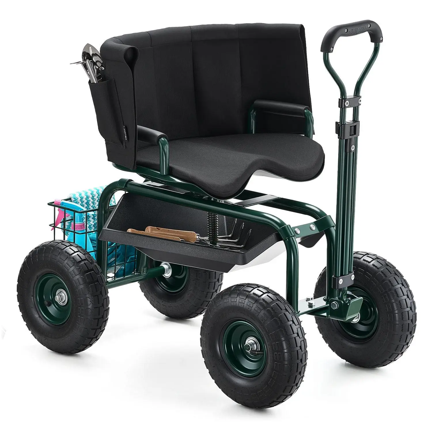 【DealsForYouDays】VEVOR Garden Seat with Wheels, Rolling Garden Stool with Height Adjustable & 360° Swivel Seat, 400lbs Weight Capacity, Gardening Cart Bench, Ergonomic Backrest & Tool Storage, for Garden, Yard, Patio