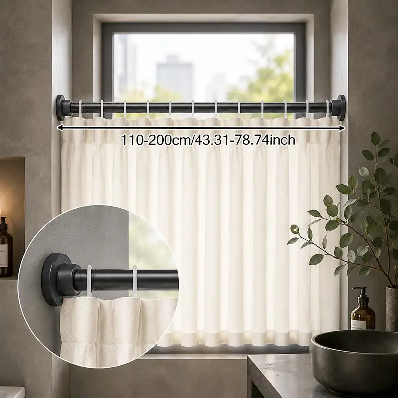 Black Drill-Free Adjustable Shower Curtain Rod - 43.31-78.74in Extendable Telescopic Rod with Built-In Spring, Strong Gravity Support, Suitable for Drying Racks, Wardrobe Support, Shower Curtain Rods
