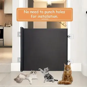 1 Easy-to-install retractable black PVC pet gate - no drilling required, automatic closing safety fence, durable indoor and outdoor dog and cat isolation fence, suitable for stairs, doors, rooms, simple design, no drilling required,