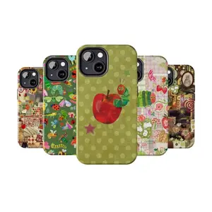 Caterpillar Apple Twee Phone Cases, Patchwork Green Vintage Apples & Ladybugs For iPhone 17 16 15 14 13 12 11, Book Art Cartoon Caterpillar