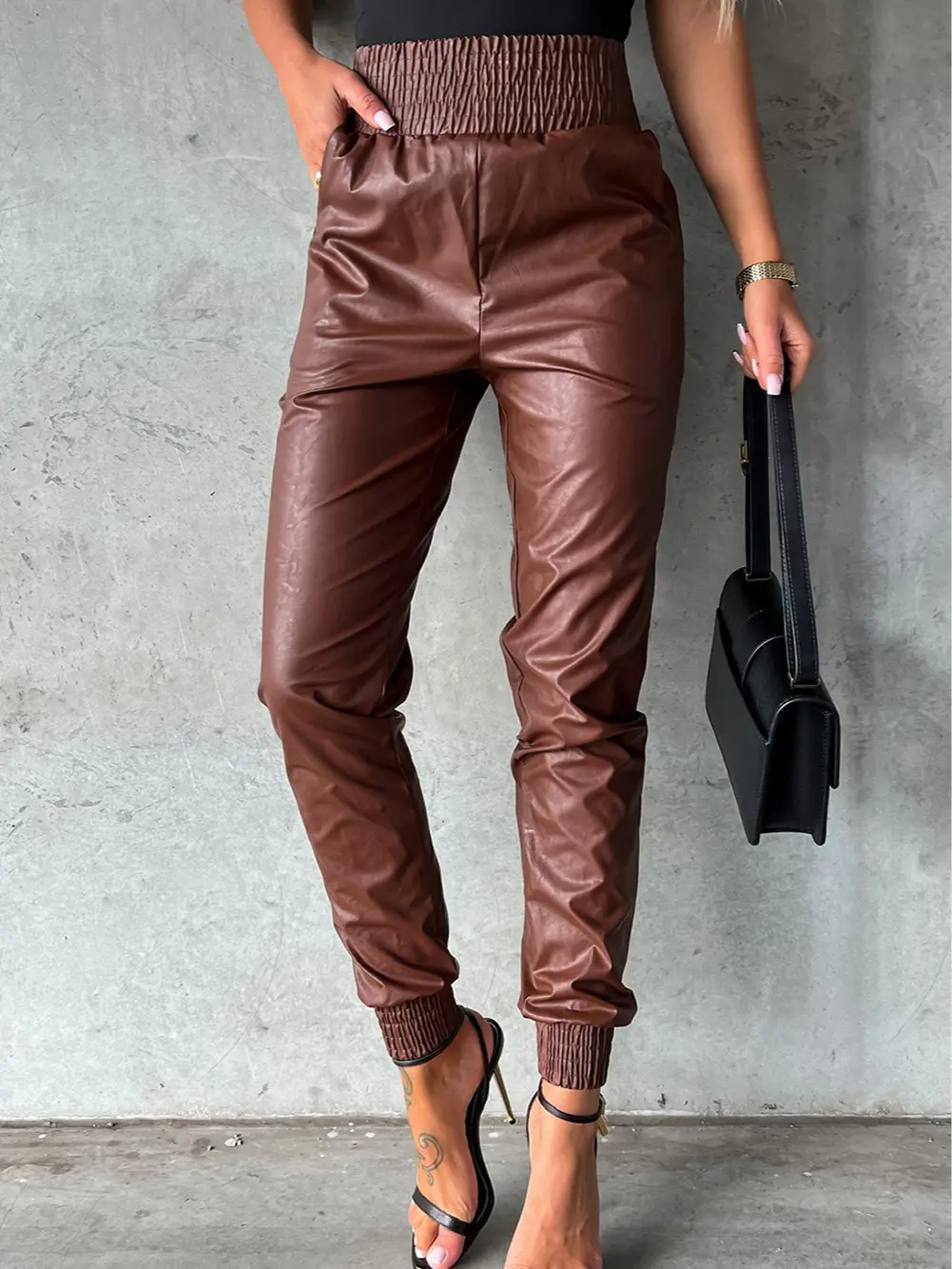 Brown Smocked High-Waist Leather Skinny Pants