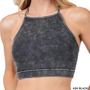 Andie Stretchy Ribbed Cami Crop Top in Black - High Neck, Nylon & Spandex Fabric, Suitable for Women, Versatile Style