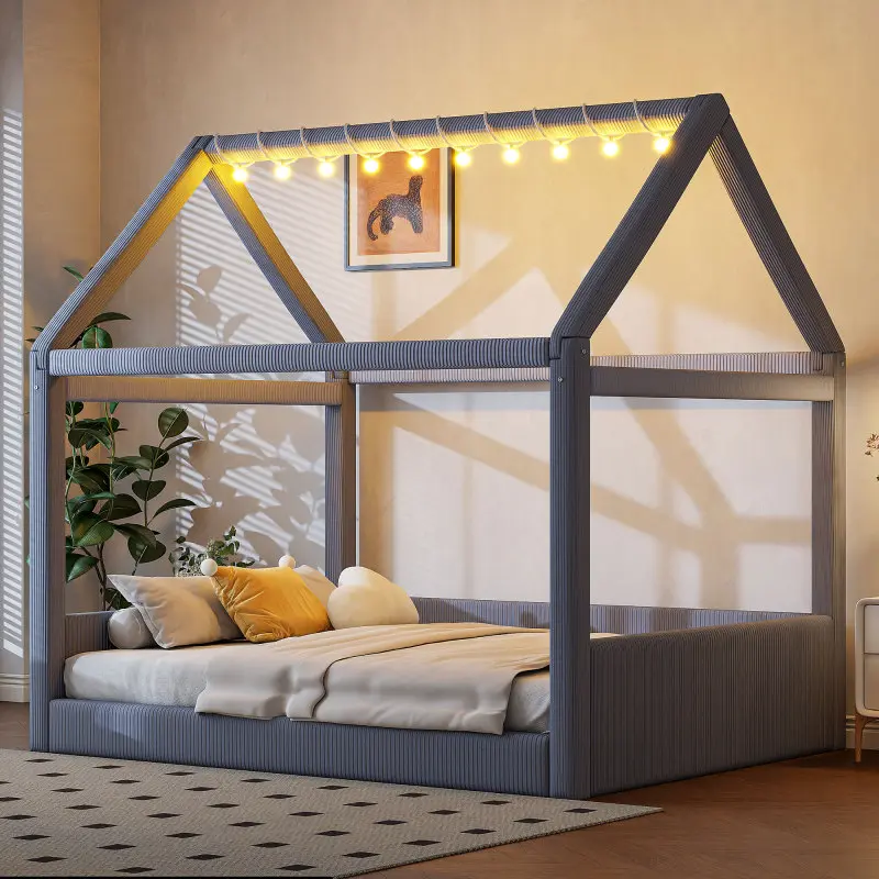 Full Size Upholstered House Bed with Roof, Wood Daybed Montessori Floor Bed Frame with LED Light Strips and Slats, No Box Spring Needed
