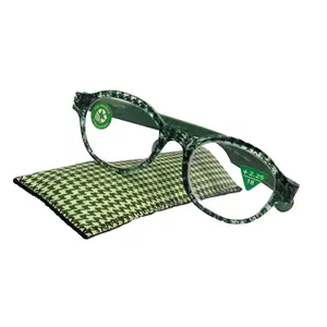 The Alchemist, (Premium) Reading Glasses, High End Readers, Magnifying Eyeglasses, (Green Translucent) (Round) (Houndstooth) NY Fifth Avenue Clear