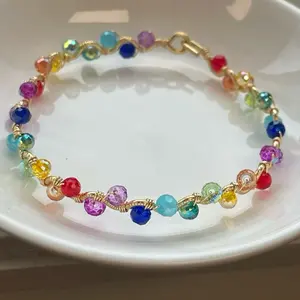 PRIDE Rainbow on Gold Copper Core Wire Wrap Dainty Wave Bangle Bracelet Handmade Adjustable Unique Design with Pink Pearl Hook Closure