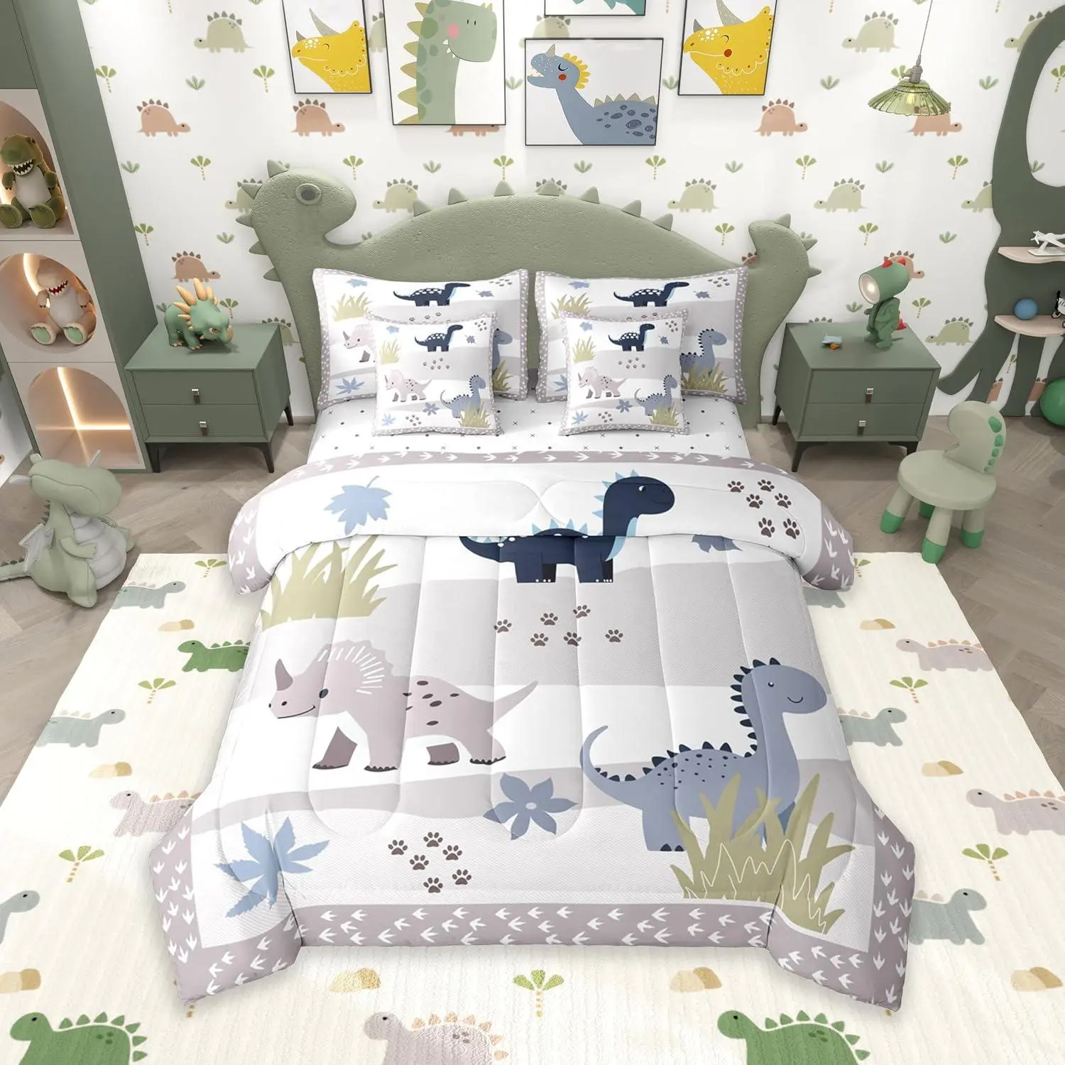Dinosaur Comforter Set 7 Pieces Cartoon Jungle Dino Bedding Set Cute Wild Animal Nature Bed in a Bag,Comforter + Sheets + Pillowcases + Cushion Covers