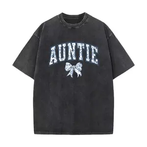 Vintage Washed AUNTIE Bow Print T-Shirt for Women, Oversized College Style Short Sleeve Top