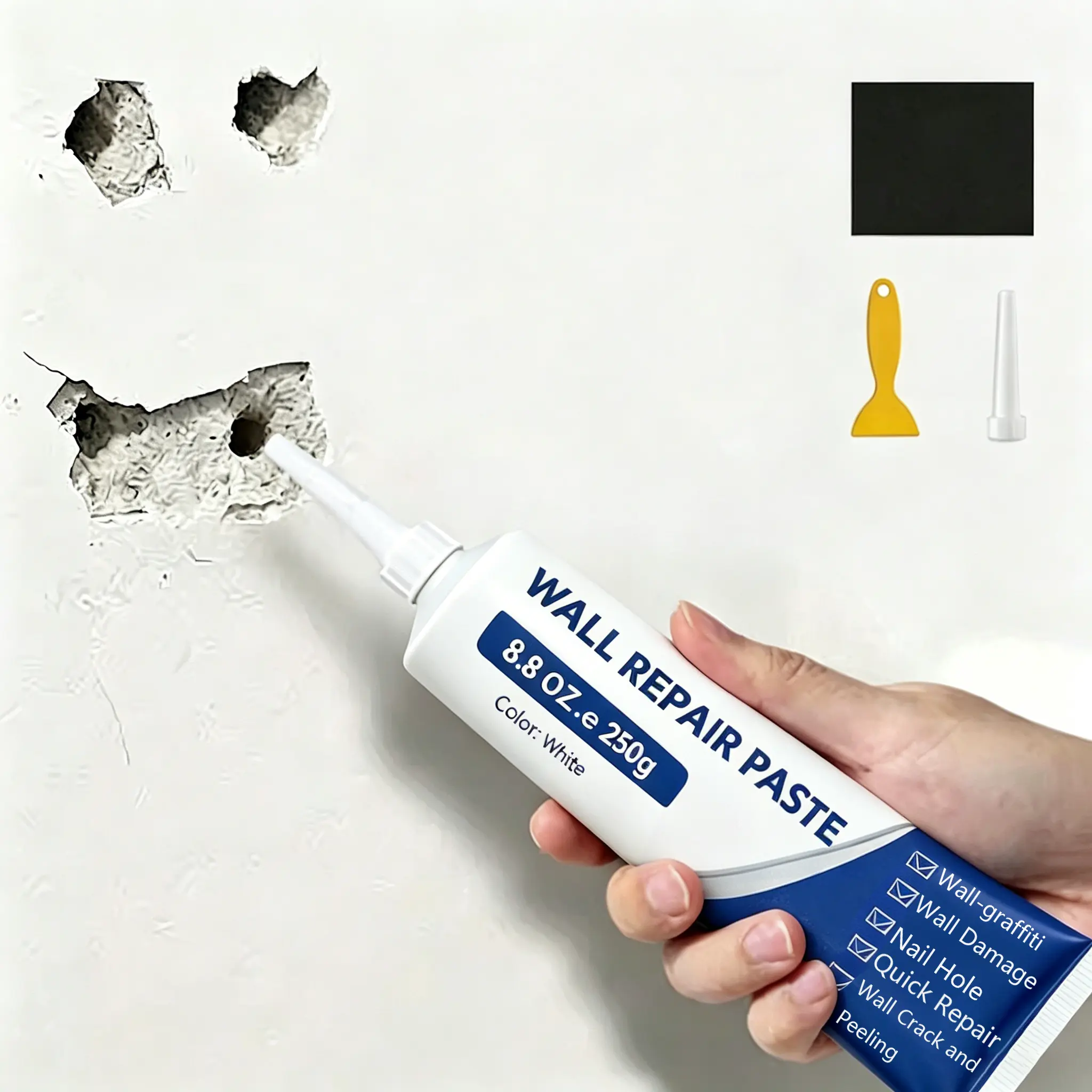 1PC Drywall Repair Kit with Scraper, 250g Quick-Drying Wall Mending Agent, White Spackle Hole Filler Paste, Heavy-Duty Water-Resistant Adhesive Caulk, Self-Adhesive Sealant for Fast Drywall Patch & Concrete Surface Fix