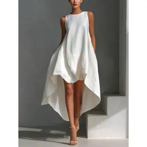 Women's Asymmetrical Sleeveless Dress, High-Low Hem Beach Dress, Breathable Summer Casual Midi Dress, Suitable for Vacation, Spring/Summer Women's Clothing