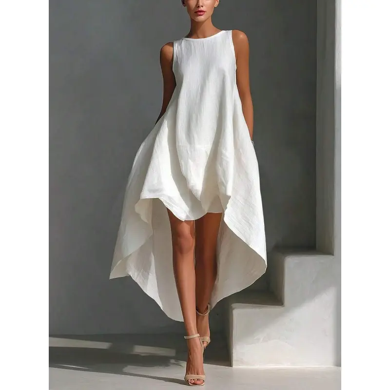 Women's Asymmetrical Sleeveless Dress, High-Low Hem Beach Dress, Breathable Summer Casual Midi Dress, Suitable for Vacation, Spring/Summer Women's Clothing