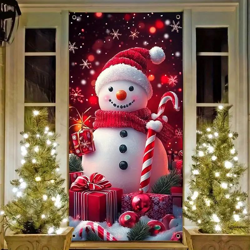 Reusable Christmas Snowman Door Banner, Festive Polyester Design with Cane, Gift Box & Snowflakes, Indoor Outdoor Holiday Decorations