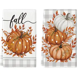 Orange Buffalo Plaid Leaves Pumpkin Fall Kitchen Towels Dish Towels, 18x26 Inch Farmhouse Decoration Hand Towels Set of 2