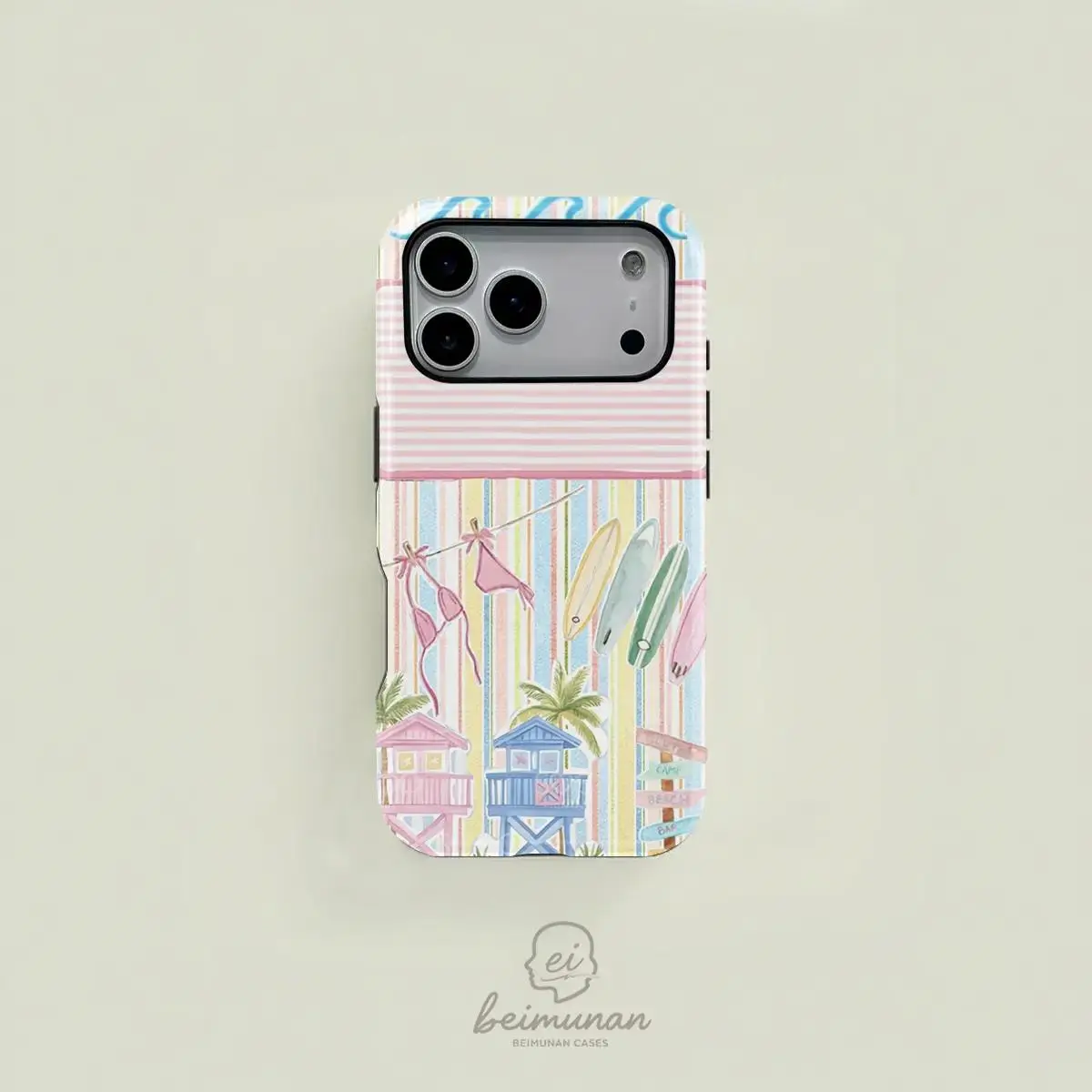 Magsafe-Compatible Wireless Phone Case with Blush Pink & White Striped Watercolor Beach Hut & Surfboard Pattern, 2-in-1 Durable Protective Magsafe Popsocket Accessory, Personalized Holiday Gift for iPhone 17/16/15/14/13/12/11 Series (Pro Max/Plus/Pro)
