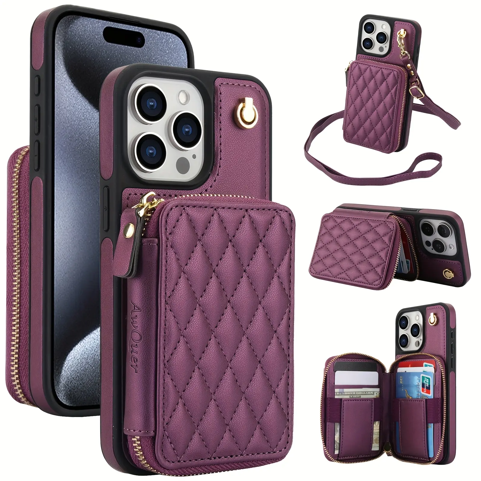 RFID Blocking Crossbody Wallet Case - iPhone Accessories with Zippered Handbag, Flip Cover, Kickstand Folio Design for 16E,16,15,14,13,12,11 Pro Max Models