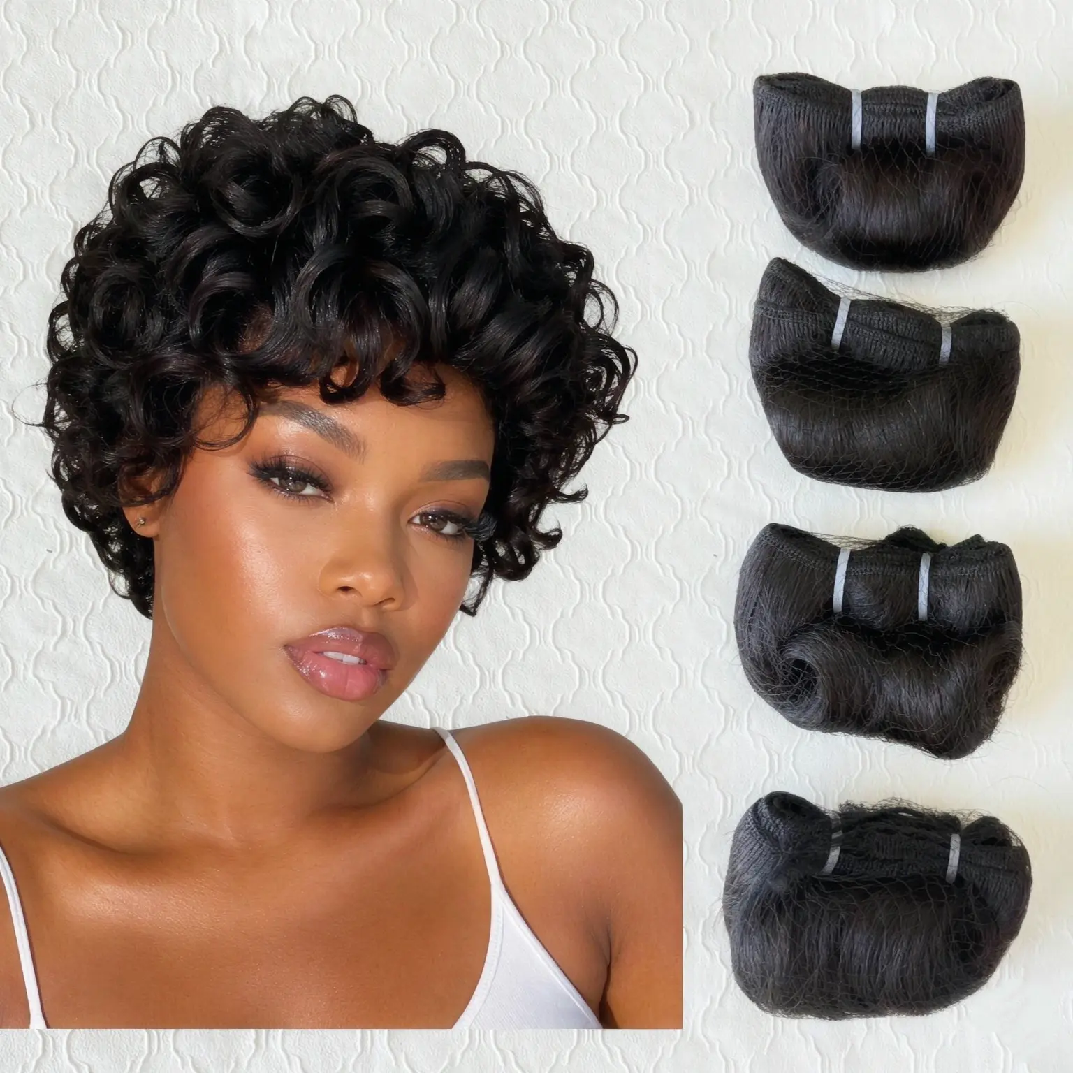 Bouncy Curl Wave Human Hair Weave Bundles (4pcs/lot),Short Culry Hair Extensions With Wavy Texture,Sew In Hair Extensions,Curly Sew In Hair Bundles