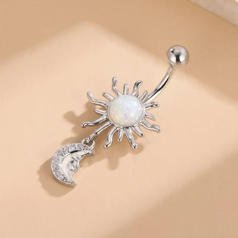 Fashion Sunflower & Moon Design Belly Button Ring, Stainless Steel Navel Piercing Body Jewelry for Women & Girls for Party, Daily Clothing Decor, Body Accessory