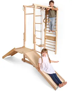 9-in-1 Wooden Indoor Jungle Gym for Kids, Montessori-Inspired Climbing Set with Swedish Wall, Monkey Bars, Chin-Up Bar, Rings, Swing, Rope Ladder, Climbing Board, Slide & Platform