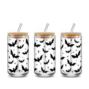 Halloween Bats & Stars Design 16oz Glass Can Cup with Lid and Straw, Reusable, Glass Jar for Iced Coffee, Cold Drinks, Spooky Glassware, Perfect Gift for Halloween Lovers, Gothic Enthusiasts, Mom, Funny Dad Tumbler