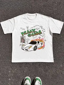 2026 new Frank Ocean streetwear summer men'sT-shirt set short sleeved casual fashion top white Ferrari print gold design loose and comfortable spring and summer casual soft skin friendly suitable for both men and women all year round universal couple gift
