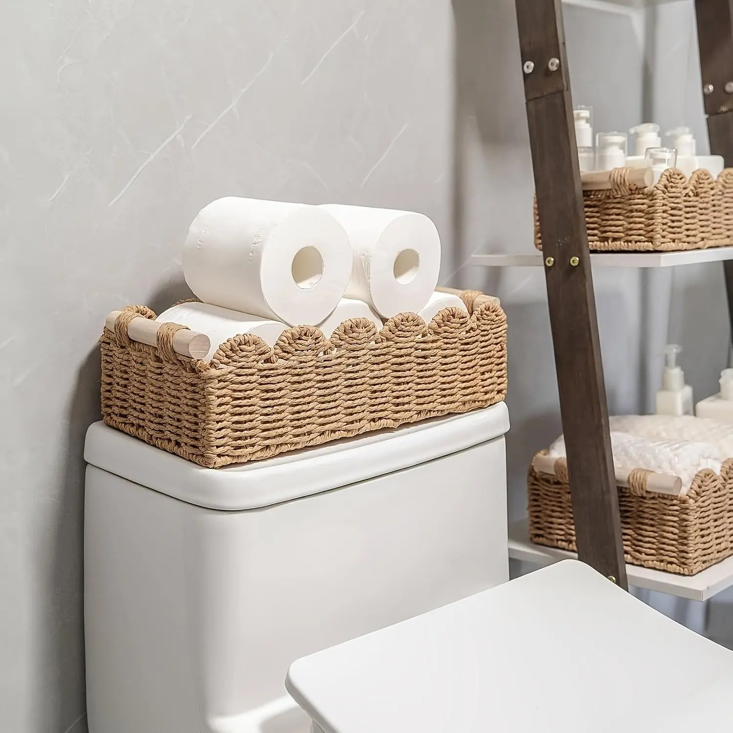 Handmade Natural Rope Toilet Paper Basket Organizer, Vintage Wavy Edge Design, Recycled Wood Frame, Space-Saving Storage, Creative Home Gift