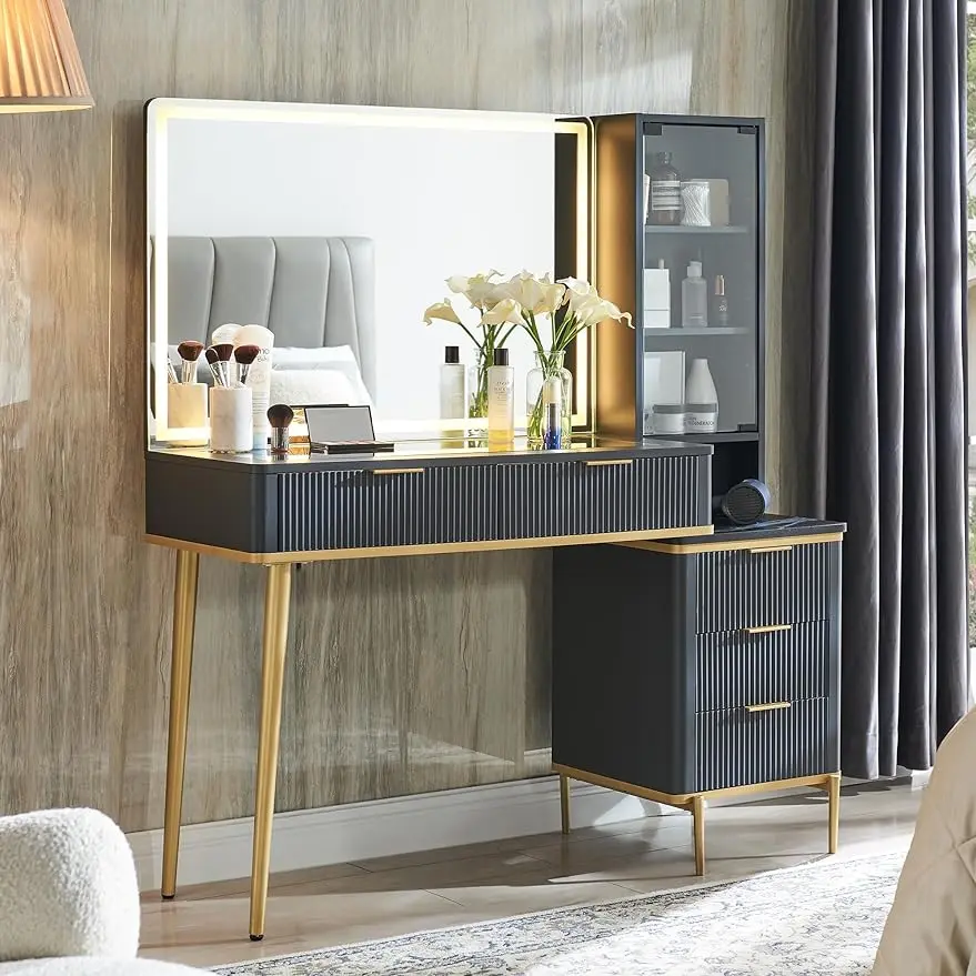 OKD Makeup Vanity Desk with 36" HD Lighted Mirror, 48" Big Modern Vanity Desk with Mirror and Lights, Dressing Table with 5 Drawers & Shelves, Glass Top for Bedroom, Navy Blue