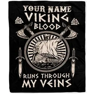 Personalized Viking Ship Blanket Viking Blood Runs Through My Veins Odin God Scandinavian Norse Mythology Runes Men Women Dad Birthday Fleece Throw Blanket60x80
