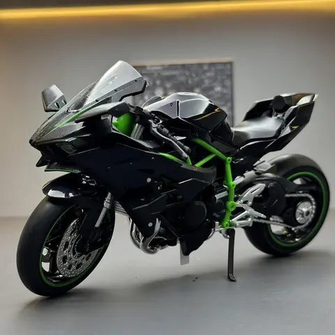 KAWASAKI Ninja H2R 1:12 Scale Diecast Motorcycle Model, Zinc Alloy Collectible Toy Bike with Suspension, Push-Back Action, Free-Rolling Wheels, LED Light, Non-Rechargeable Button Battery, Black Green Display Model