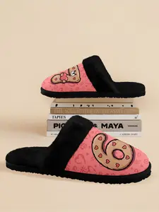 Warm Plush-Lined Men's Comfort House Slippers - Pink Cartoon Cookie "67" Design Indoor Slippers