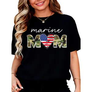 100% Cotton Marine Mom Patriotic Heart American Flag Camo Design T-Shirt For Military Family Support And Memorial Day Celebration